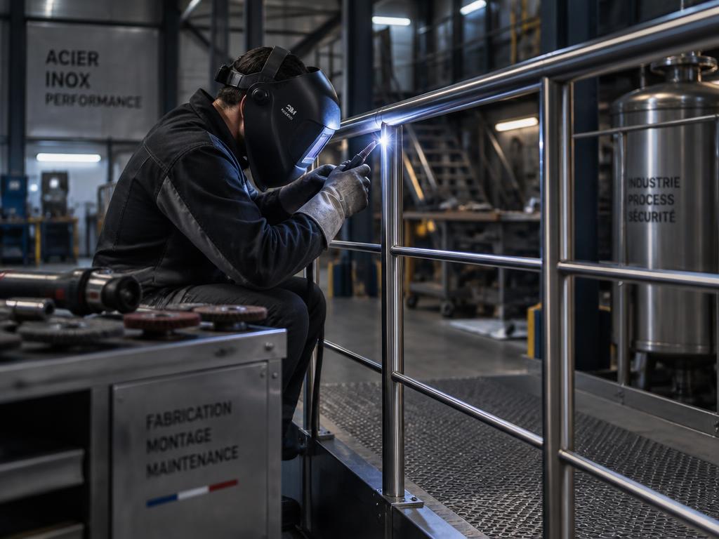 Assemblage d’un garde-corps inox dans un environnement industriel